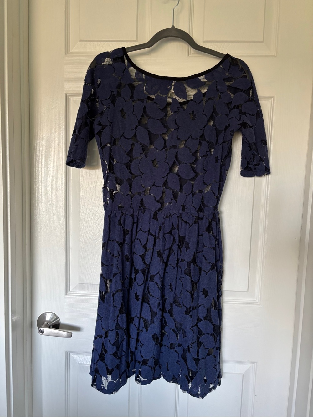 Navy Blue Floral Lace Fit & Flare Dress - Picture 3 of 3